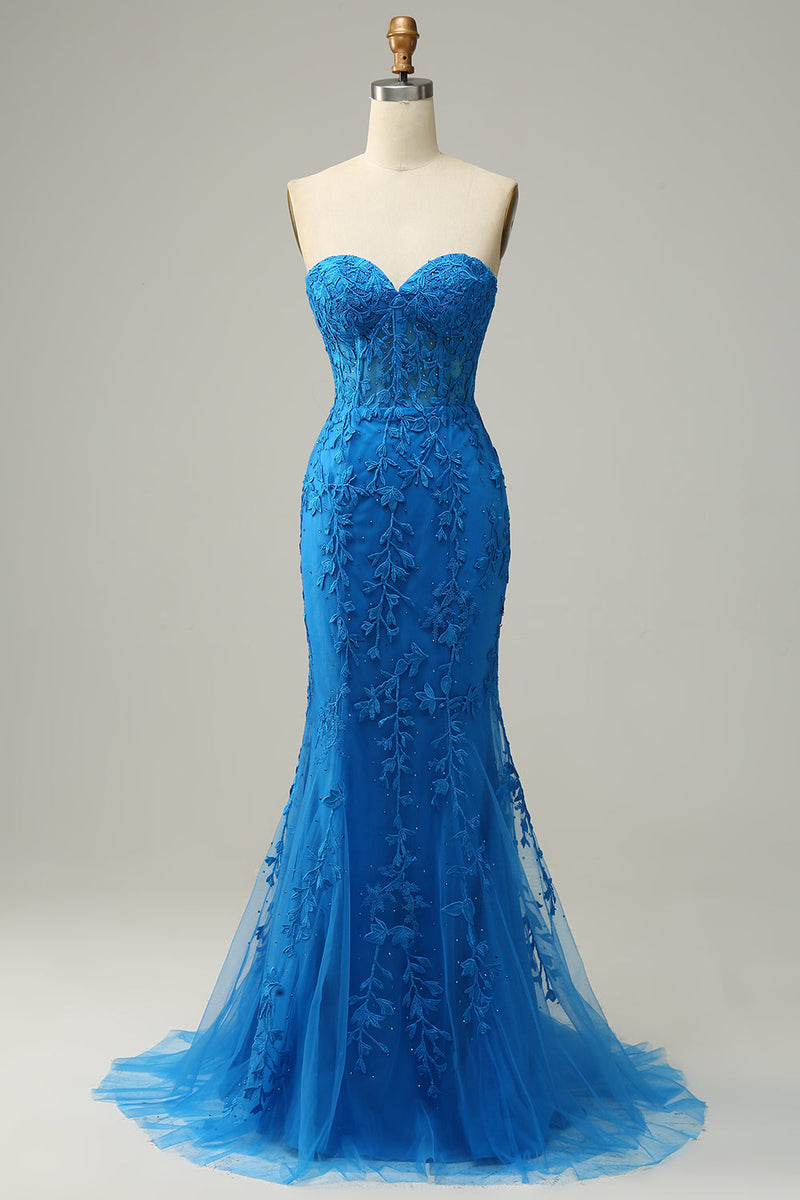 Load image into Gallery viewer, Mermaid Sweetheart Royal Blue Long Prom Dress with Criss Cross Back