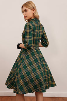 Green Plaid 3/4 Sleeve Dress