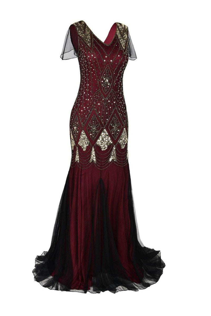 Load image into Gallery viewer, Burgundy 1920s Sequins Flapper Long Dress