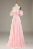 Blush Pink A-Line Off the Shoulder Chiffon Long Bridesmaid Dress