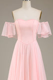 Blush Pink A-Line Off the Shoulder Chiffon Long Bridesmaid Dress
