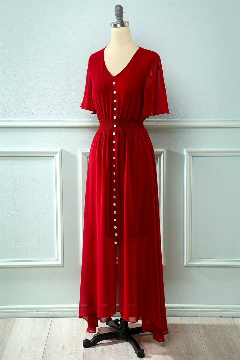 Load image into Gallery viewer, Red V Neck Buttons Summer Dress