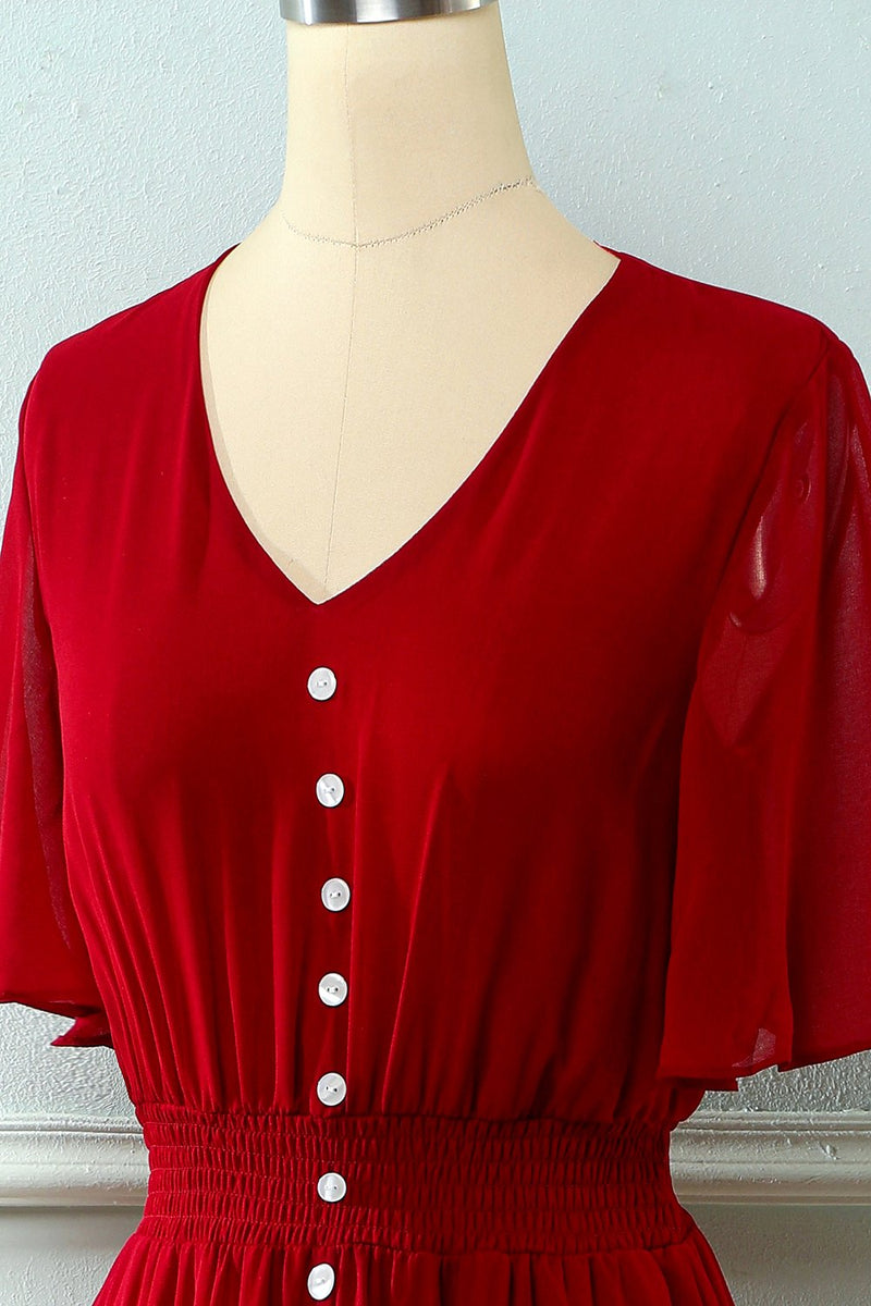 Load image into Gallery viewer, Red V Neck Buttons Summer Dress