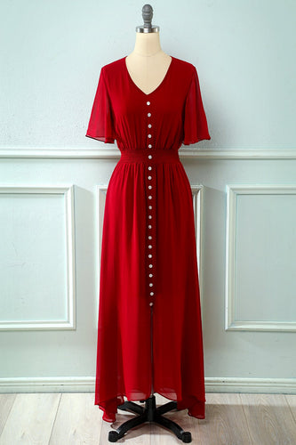 Red V Neck Buttons Summer Dress