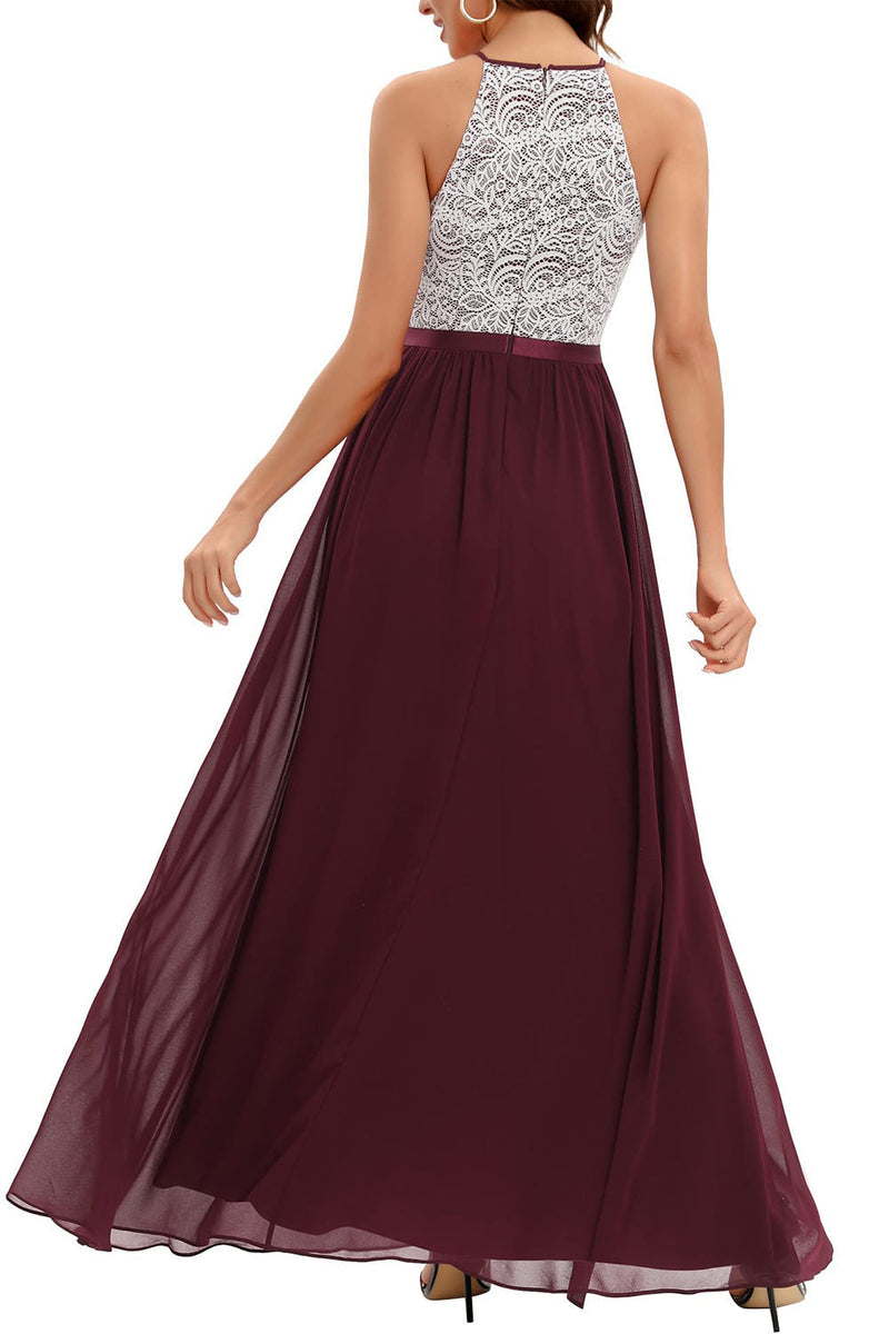Load image into Gallery viewer, Burgundy A Line Halter Long Bridesmaid Dress with Lace