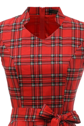 Red Plaid Vintage Plus Dress with Bowknot