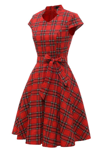 Red Plaid Vintage Plus Dress with Bowknot