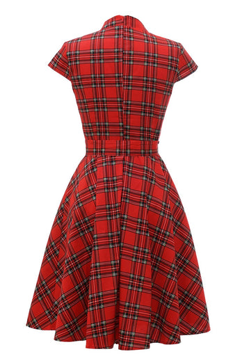 Red Plaid Vintage Plus Dress with Bowknot