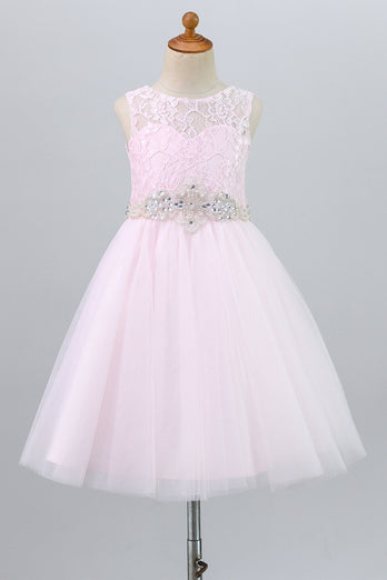 Lace Pink Flower Girl Dress with Beaded