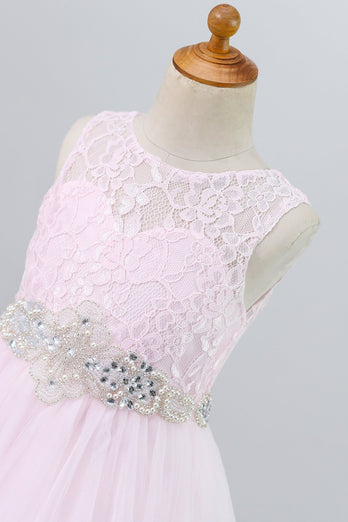 Lace Pink Flower Girl Dress with Beaded
