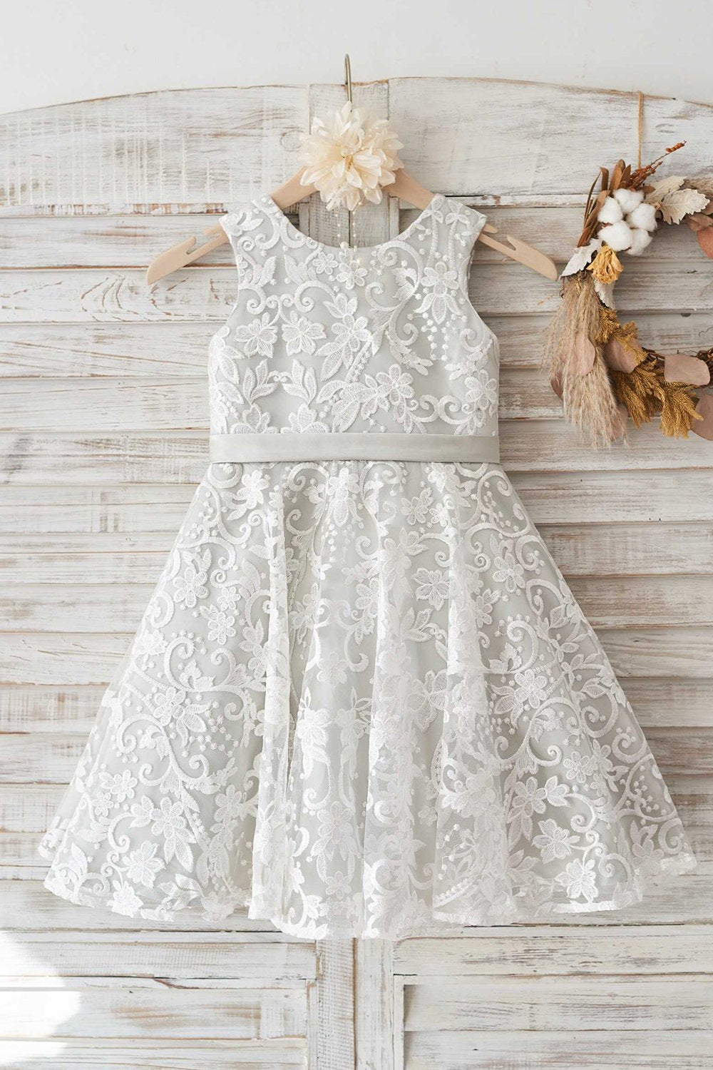 Grey Lace Flower Girl Dress with Bow