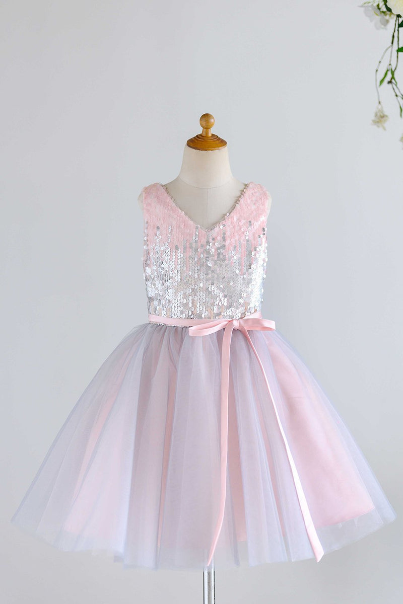 Load image into Gallery viewer, V Neck Pink Flower Girl Dress with Sequins