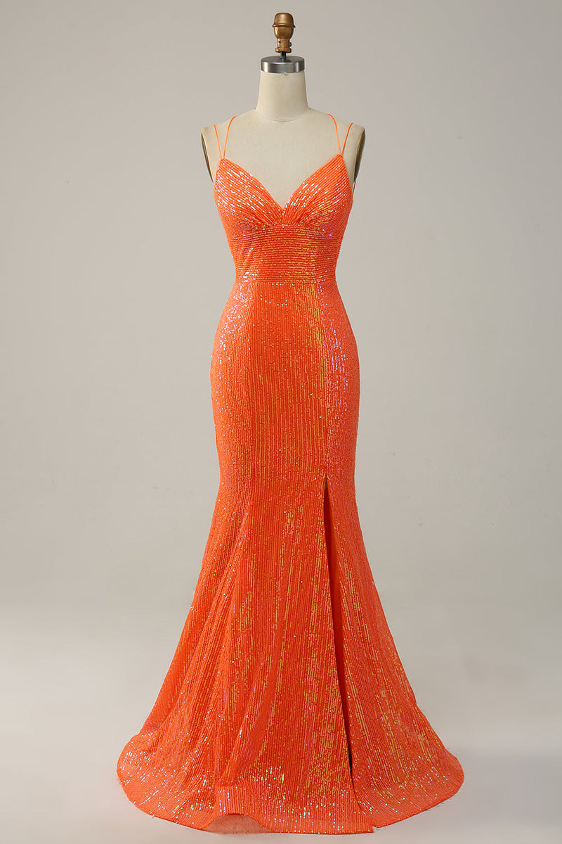 Load image into Gallery viewer, Mermaid Spaghetti Straps Orange Sequins Prom Dress with Split Front