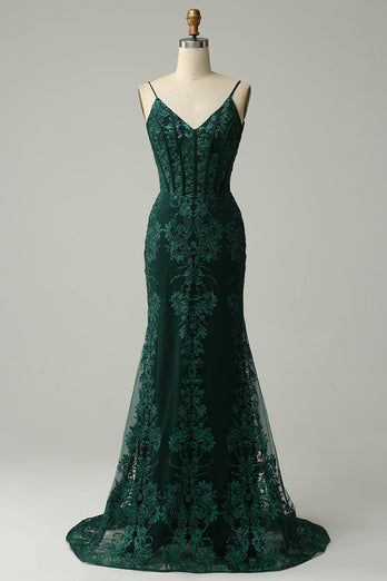 Mermaid Spaghetti Straps Peacock Green Prom Dress with Appliques