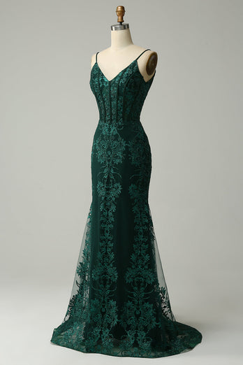 Mermaid Spaghetti Straps Peacock Green Prom Dress with Appliques