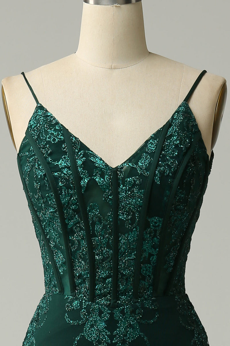 Load image into Gallery viewer, Mermaid Spaghetti Straps Peacock Green Prom Dress with Appliques
