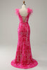 Load image into Gallery viewer, Mermaid Deep V Neck Fuchsia Sequins Long Prom Dress with Feathers
