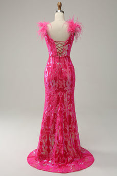 Mermaid Deep V Neck Fuchsia Sequins Long Prom Dress with Feathers
