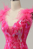Load image into Gallery viewer, Mermaid Deep V Neck Fuchsia Sequins Long Prom Dress with Feathers