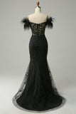 Off the Shoulder Black Mermaid Prom Dress with Feathers