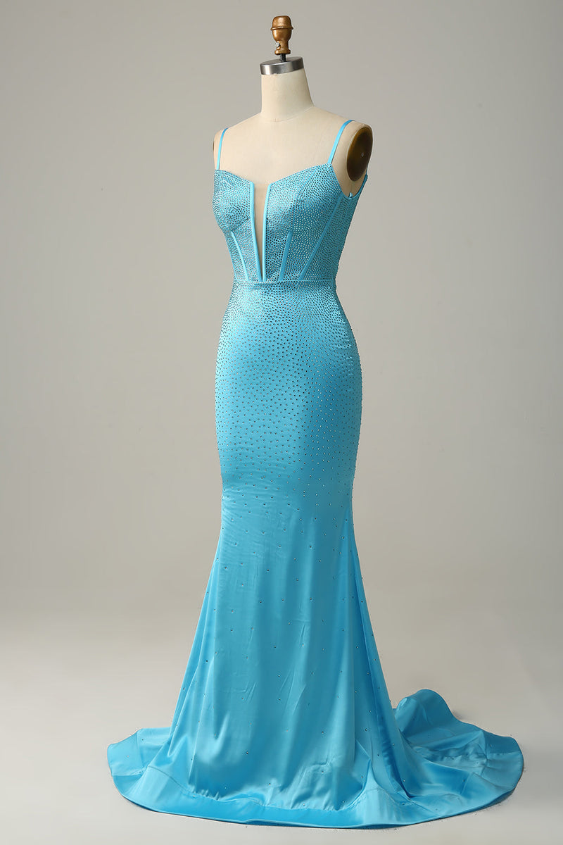 Load image into Gallery viewer, Mermaid Spaghetti Straps Blue Beaded Prom Dress