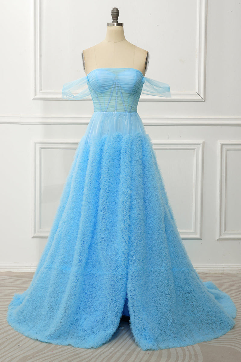Load image into Gallery viewer, A Line Off the Shoulder Blue Corset Prom Dress with Ruffled