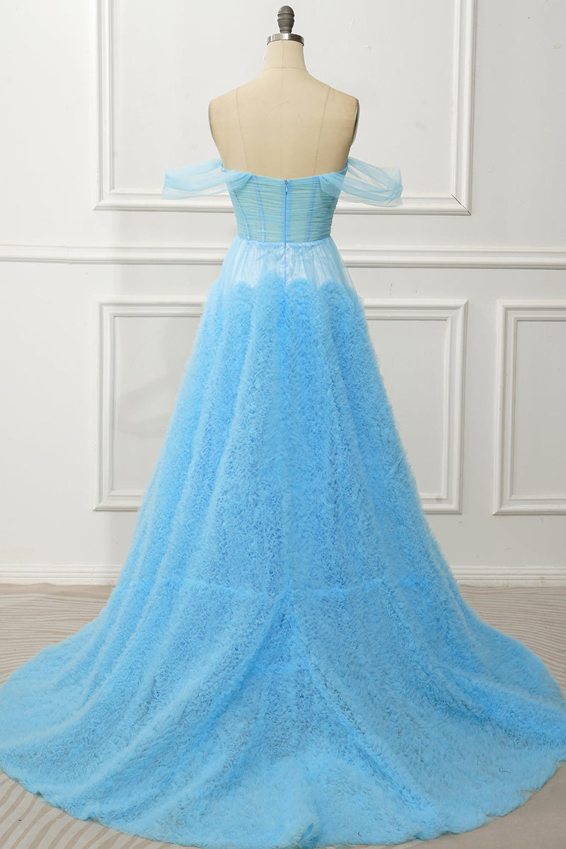 Load image into Gallery viewer, A Line Off the Shoulder Blue Corset Prom Dress with Ruffled