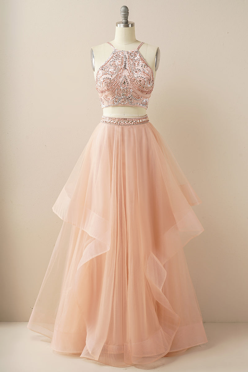 Load image into Gallery viewer, Two Pieces Halter Beaded Prom Dress