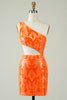 Load image into Gallery viewer, Orange One Shoulder Glitter Homecoming Dress with Hollow-out
