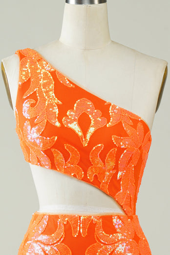 Orange One Shoulder Glitter Homecoming Dress with Hollow-out
