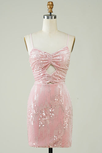 Velvet Sequins Pink Tight Homecoming Dress with Hollow-out
