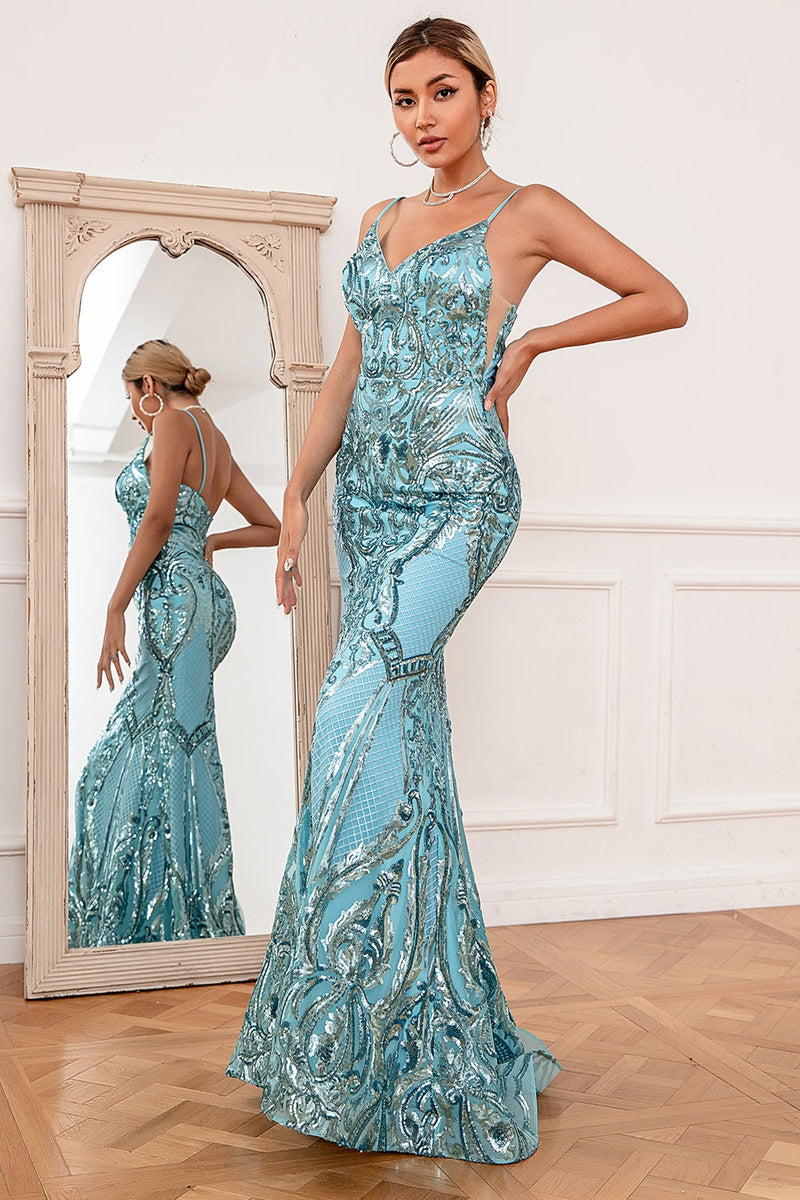 Load image into Gallery viewer, Blue Mermaid Sequin Long Prom Dress