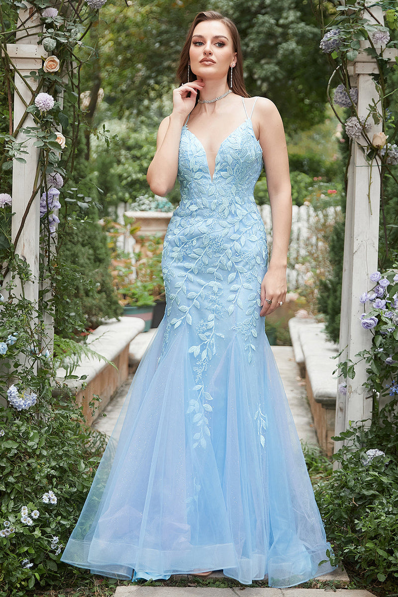 Load image into Gallery viewer, Mermaid Deep V Neck Blue Long Prom Dress with Criss Cross Back