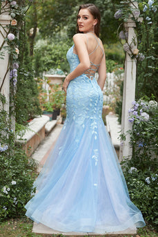 Mermaid Deep V Neck Blue Long Prom Dress with Criss Cross Back