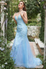 Load image into Gallery viewer, Mermaid Deep V Neck Blue Long Prom Dress with Criss Cross Back