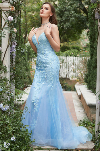 Mermaid Deep V Neck Blue Long Prom Dress with Criss Cross Back