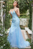 Mermaid Deep V Neck Blue Long Prom Dress with Criss Cross Back