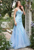 Load image into Gallery viewer, Mermaid Deep V Neck Blue Long Prom Dress with Criss Cross Back