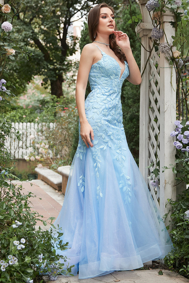 Load image into Gallery viewer, Mermaid Deep V Neck Blue Long Prom Dress with Criss Cross Back