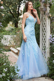 Mermaid Deep V Neck Blue Long Prom Dress with Criss Cross Back