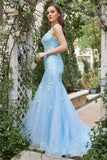 Mermaid Deep V Neck Blue Long Prom Dress with Criss Cross Back