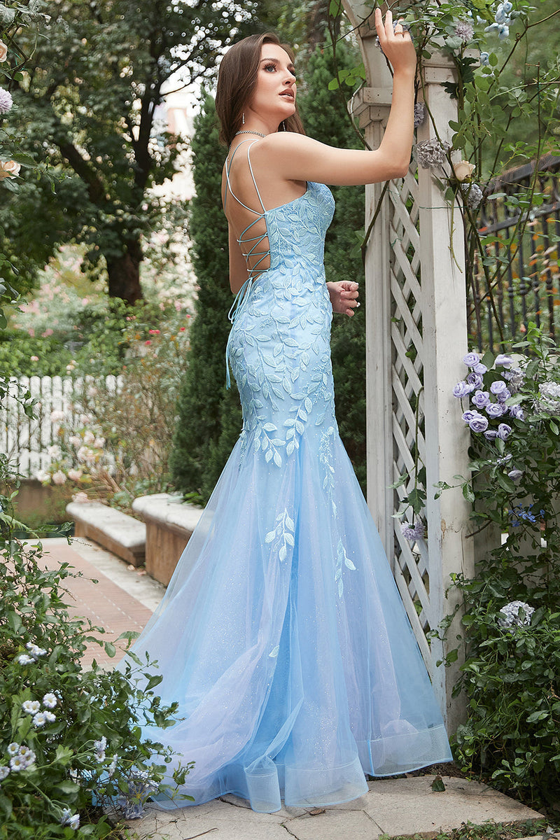 Load image into Gallery viewer, Mermaid Deep V Neck Blue Long Prom Dress with Criss Cross Back