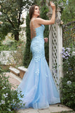 Mermaid Deep V Neck Blue Long Prom Dress with Criss Cross Back