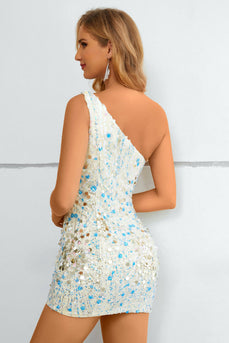 White One Shoulder Sequined Bodycon Cocktail Dress