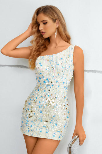 White One Shoulder Sequined Bodycon Cocktail Dress