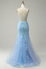 Load image into Gallery viewer, Spaghetti Straps Mermaid Blue Long Prom Dress With Appliques