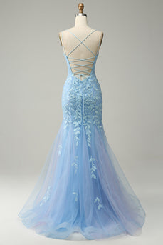 Spaghetti Straps Mermaid Blue Long Prom Dress With Appliques