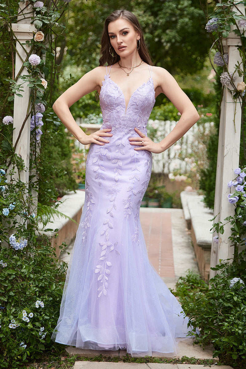 Load image into Gallery viewer, Spaghetti Straps Mermaid Long Purple Prom Dress With Appliques