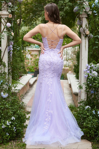 Spaghetti Straps Mermaid Long Purple Prom Dress With Appliques