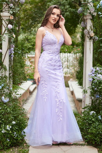 Spaghetti Straps Mermaid Long Purple Prom Dress With Appliques